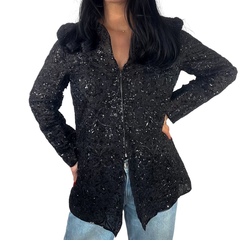 1990s Vintage Adrianna Pappel Black Sequin Lace Jacket Size Medium